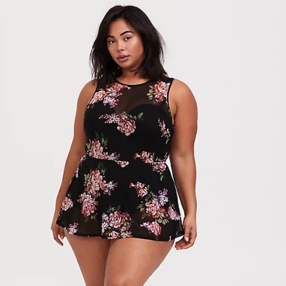 Torrid Black Floral Mesh Underwire One-Piece Swim Dress 3-D/DD
